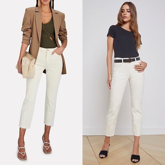 NWT L’AGENCE High Rise Beige Denim Slim Straight Ankle Crop Raw Fray Hem Jean 25 - Picture 1 of 14